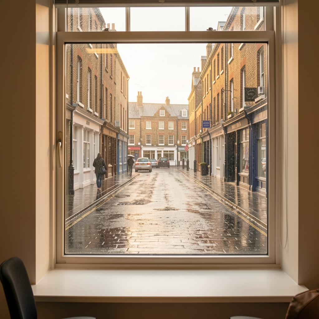 Rain-bright Belfast street viewed through an editorial office window at late afternoon