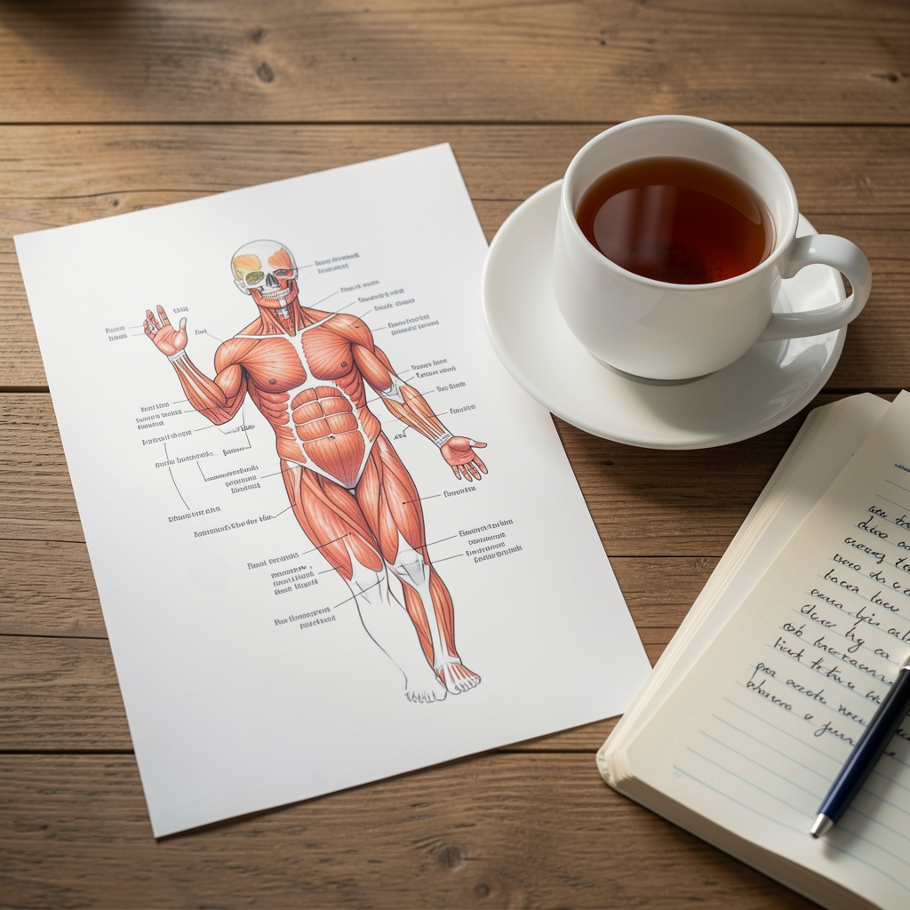 Editorial anatomical illustration on paper beside a cup of tea and reading notes