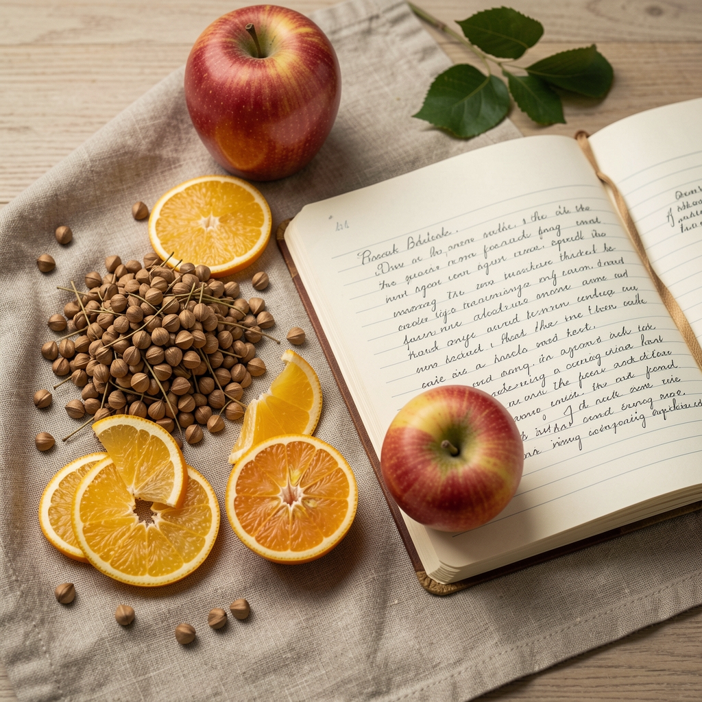Buckwheat, citrus peel and apples arranged on a linen cloth beside a handwritten food journal