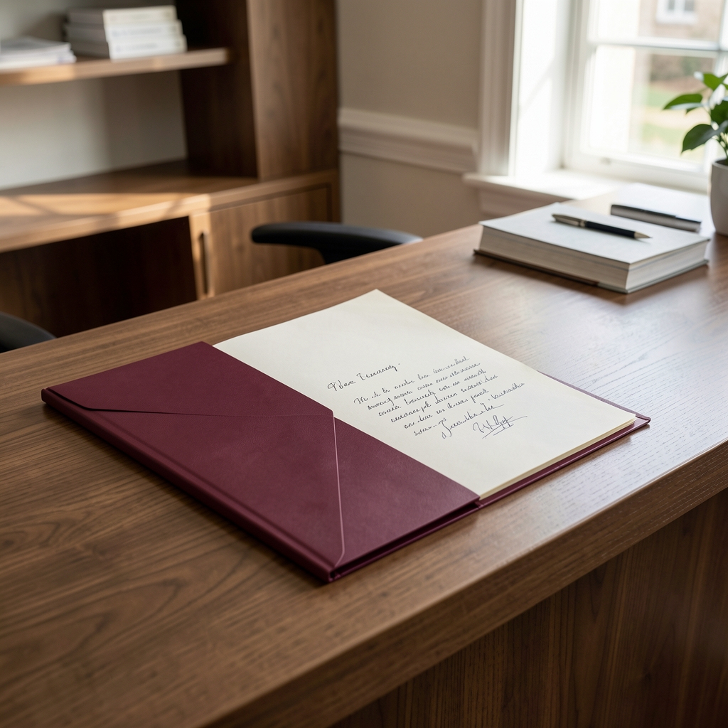 Minimal Belfast editorial reception desk with burgundy folder and handwritten correspondence