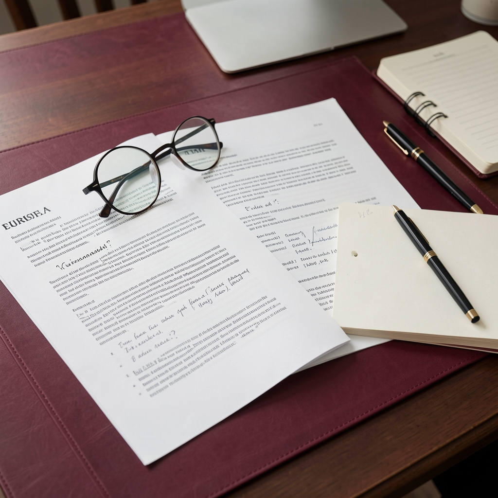 Burgundy editorial desk with annotated research papers, reading glasses and a notebook