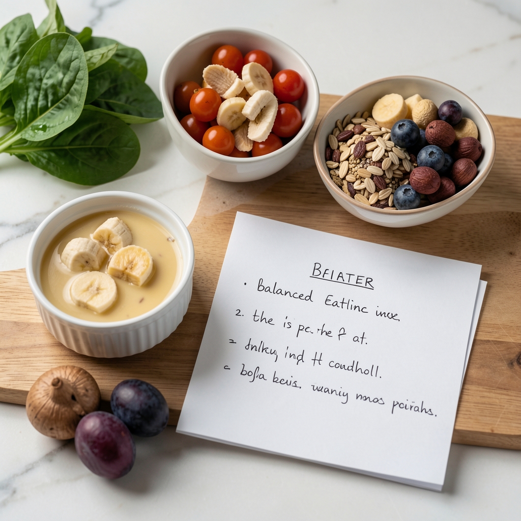 Colourful Mediterranean ingredients beside handwritten notes about balanced eating