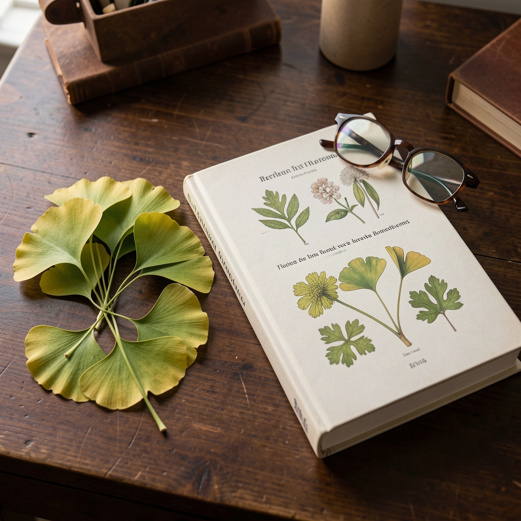 Ginkgo leaves beside a labelled botanical reference book and reading glasses on a dark wooden desk