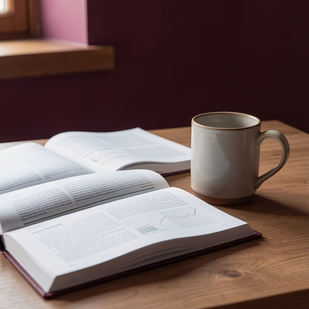 Quiet Belfast study with open health journals, a ceramic mug and soft burgundy light