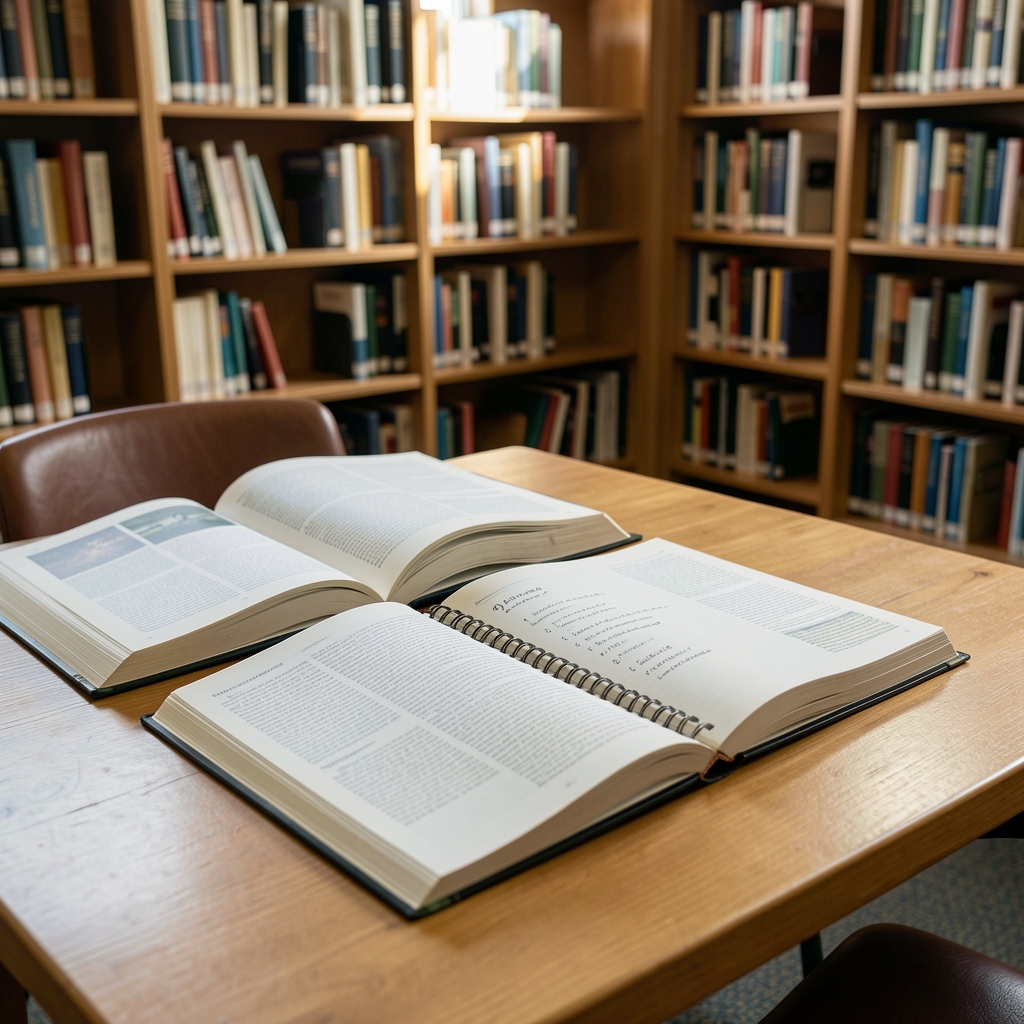 Quiet library table with open reference books and a carefully organised research notebook