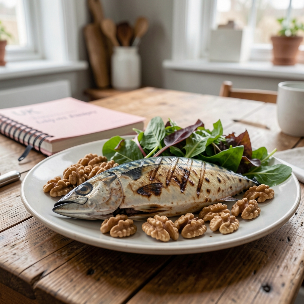 Grilled mackerel, walnuts and leafy greens arranged on a kitchen table with a UK recipe notebook