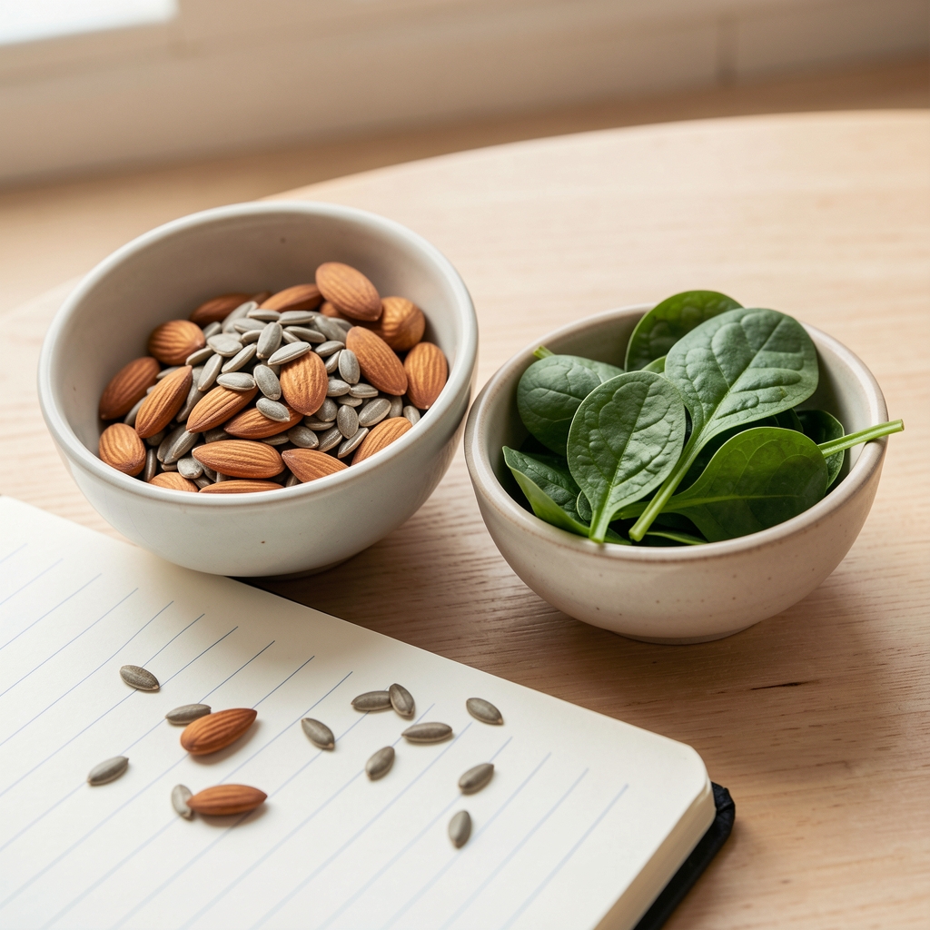 Almonds, sunflower seeds and spinach in small ceramic bowls beside a nutrition notebook