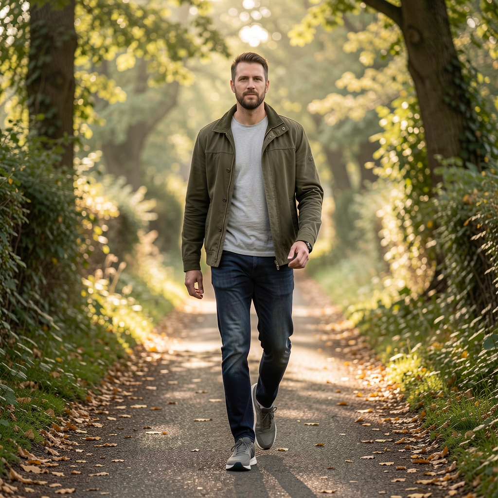 Adult walking along a leafy Belfast path in soft morning light with comfortable trainers visible