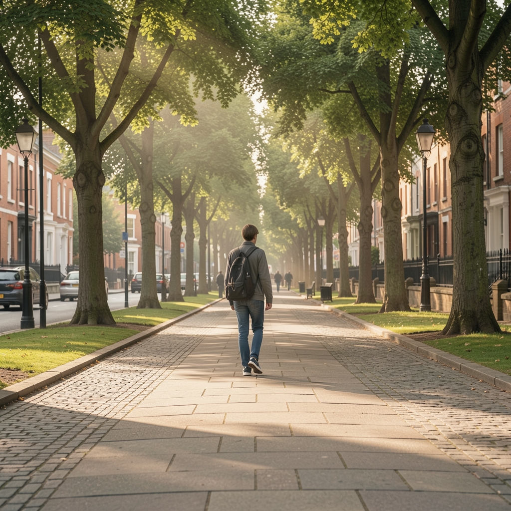 Tree-lined Belfast walking route in soft morning light with comfortable trainers in view